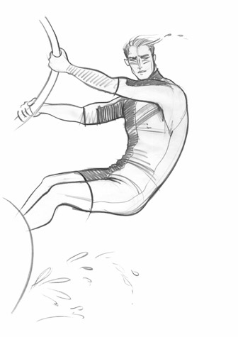 Male sports and active wear: windsurfer in mid-flight. This copyrighted image is the work of British Fashion Illustrator Hilary Kidd