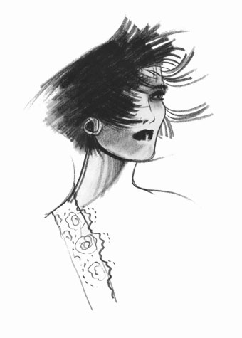 Other work and personal projects: woman with windswept hair.This copyrighted image is the work of British Fashion Illustrator Hilary Kidd