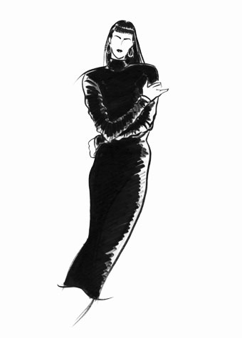 Other work and personal projects:  female figure with crossed arms, wearing long pencil-skirted dress.  This copyrighted image is the work of British Fashion Illustrator Hilary Kidd