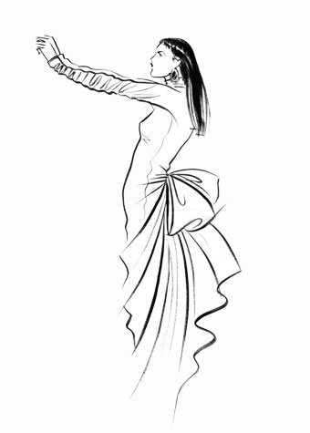 Other work and personal projects: female figure in profile, with arms outstretched.  This copyrighted image is the work of British Fashion Illustrator Hilary Kidd