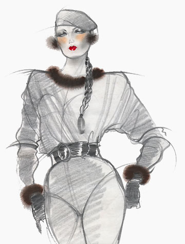 Other work and personal projects:  female figure in beret and tightly-belted garment.  This copyrighted image is the work of British Fashion Illustrator Hilary Kidd