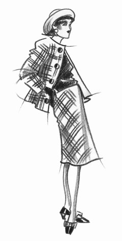 Other work and personal projects: woman in check twin-set and hat.  This copyrighted image is the work of British Fashion Illustrator Hilary Kidd