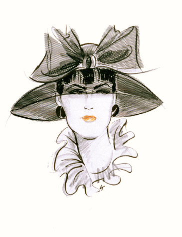 Womens accessories: bowl-brimmed hat with larg bow. This copyrighted image is the work of British Fashion Illustrator Hilary Kidd