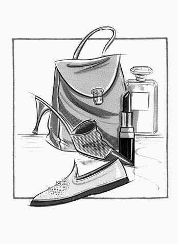 Womens accessories: handbag, shoes, lipstick and perfume. This copyrighted image is the work of British Fashion Illustrator Hilary Kidd