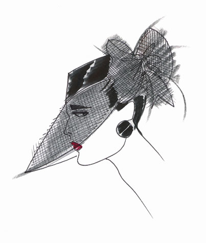 Womens accessories: hat with deep veil brim. This copyrighted image is the work of British Fashion Illustrator Hilary Kidd