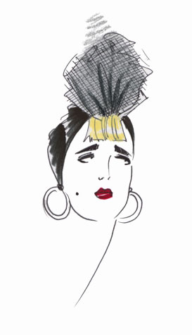 Womens accessories: headscarf and earrings. This copyrighted image is the work of British Fashion Illustrator Hilary Kidd