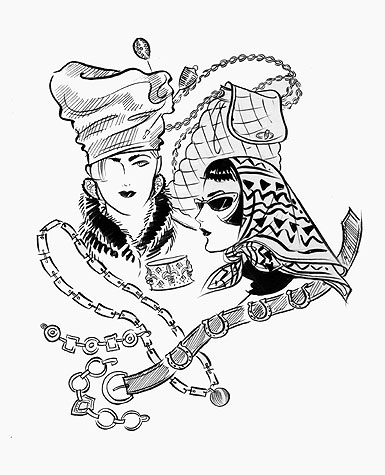 Womens accessories: headwear, bags, belts, bracelets and cuffs. This copyrighted image is the work of British Fashion Illustrator Hilary Kidd