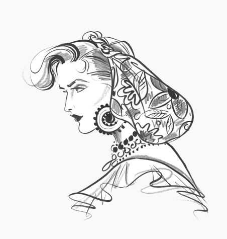 Womens accessories: headwear, earrings, necklace and patterened snood. This copyrighted image is the work of British Fashion Illustrator Hilary Kidd