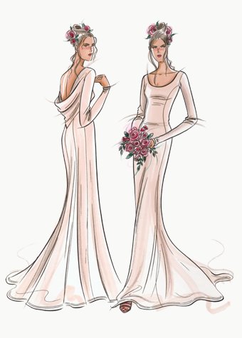 Bridal gown in Oyster silk.  This copyrighted image is the work of British Fashion Illustrator Hilary Kidd
