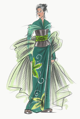 Dark green oriental evening dress with shawl.  This copyrighted image is the work of British Fashion Illustrator Hilary Kidd