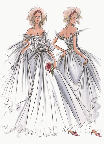 Off-the-shoulder bridal gown.  This copyrighted image is the work of British Fashion Illustrator Hilary Kidd