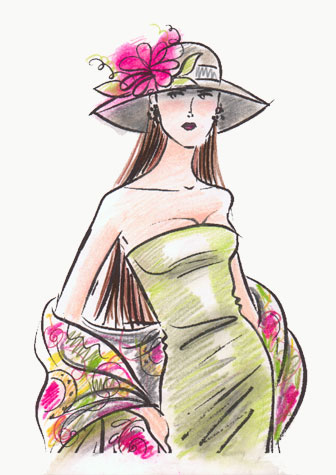 Strapless sage green dress with hat and wrap.  This copyrighted image is the work of British Fashion Illustrator Hilary Kidd