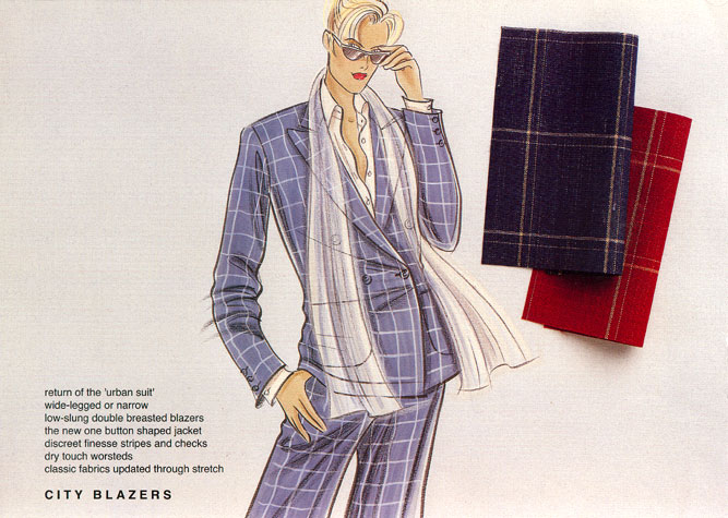 Womens daywear: city blazers.  Classic fabrics updated through stretch.  This copyrighted image is the work of British Fashion Illustrator Hilary Kidd