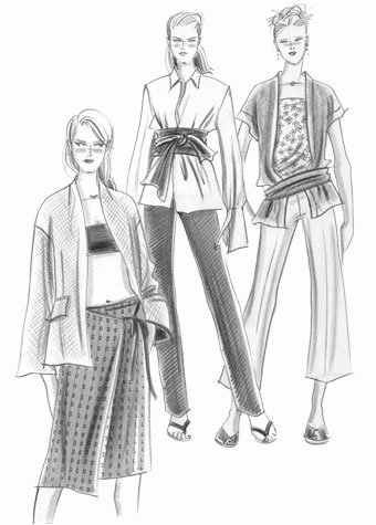 Womens daywear: cocoon winter clothing.  Pen and ink illustration of three female figures.  This copyrighted image is the work of British Fashion Illustrator Hilary Kidd