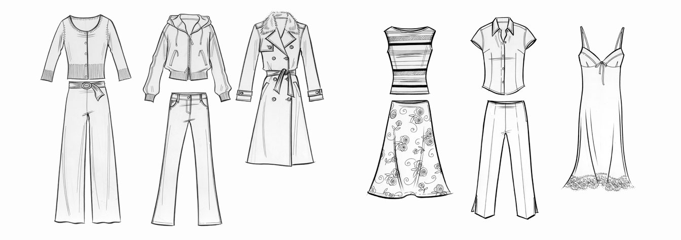 Womens daywear: flatwork illustration.   Six examples of pen-and-ink flatwork.  This copyrighted image is the work of British Fashion Illustrator Hilary Kidd