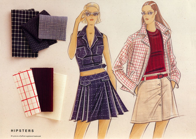 Womens daywear: hipsters.  Two female figures in short skirts, with fabric samples.  This copyrighted image is the work of British Fashion Illustrator Hilary Kidd