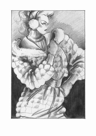 Womens daywear: junior glamorists.  Pencil drawing of a female figure in belted padded jacket and ear-muffs.  This copyrighted image is the work of British Fashion Illustrator Hilary Kidd
