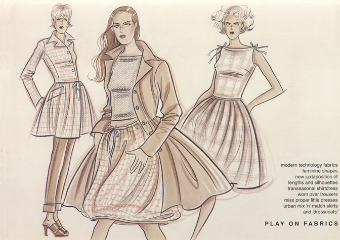 Womens daywear:  Play on fabrics. Transeasonal shirt-dress.  This copyrighted image is the work of British Fashion Illustrator Hilary Kidd