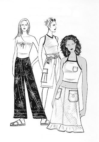 Womens daywear: sassy style.   Pen and ink illustration of three female figures.  This copyrighted image is the work of British Fashion Illustrator Hilary Kidd