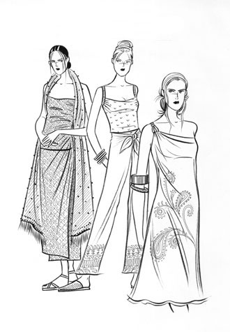Womens daywear: softly draped cloths and sarongs. Pen and ink illustration of three female figures.  This copyrighted image is the work of British Fashion Illustrator Hilary Kidd