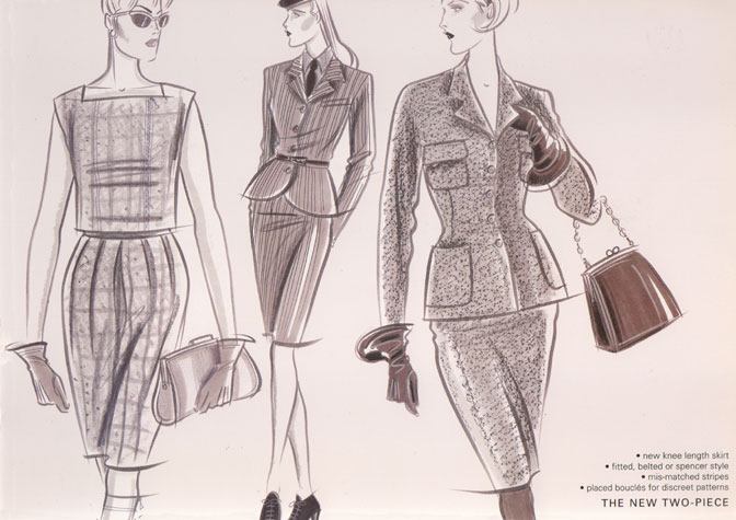 Womens daywear: the new two-piece.  Fited, belted or spencer style.  This copyrighted image is the work of British Fashion Illustrator Hilary Kidd