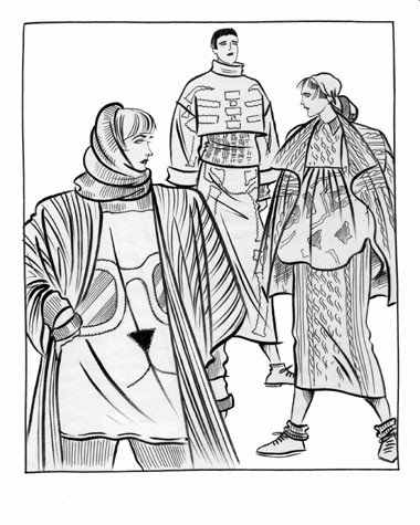 Womens daywear: trent knitwear.   Pen and ink drawing of three figures in contemporary knitted garments.  This copyrighted image is the work of British Fashion Illustrator Hilary Kidd