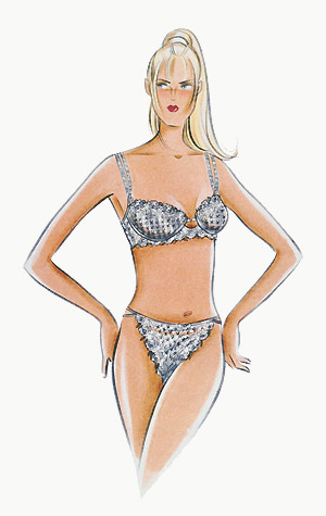 Lingerie: woman in matching bra and pants set.  This copyrighted image is the work of British Fashion Illustrator Hilary Kidd