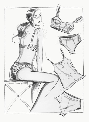 Lingerie: seated figure with flatwork examples of underwear. This copyrighted image is the work of British Fashion Illustrator Hilary Kidd