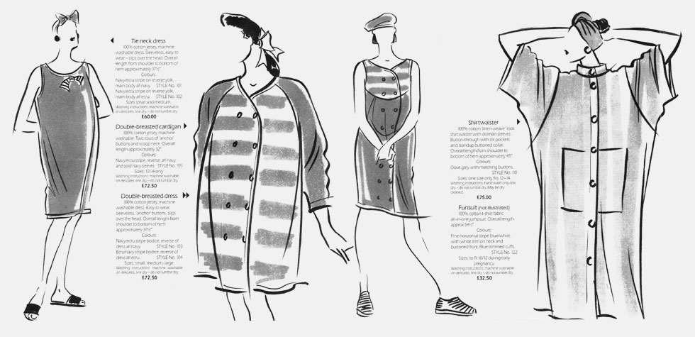 Additions Maternity Fashion - 'For Stylish bumps'.  This copyrighted image containss examples of the work of British Fashion Illustrator Hilary Kidd 