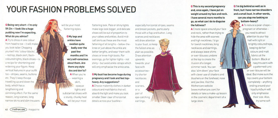 Mothercare Magazine - Your Fashion Problems Solved.  This copyrighted image contains examples of the work of British Fashion Illustrator Hilary Kidd 