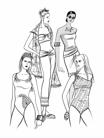 Womens swimwear and beachwear: island ease. This copyrighted image is the work of British Fashion Illustrator Hilary Kidd