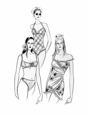 Womens swimwear and beachwear: beach belles. This copyrighted image is the work of British Fashion Illustrator Hilary Kidd